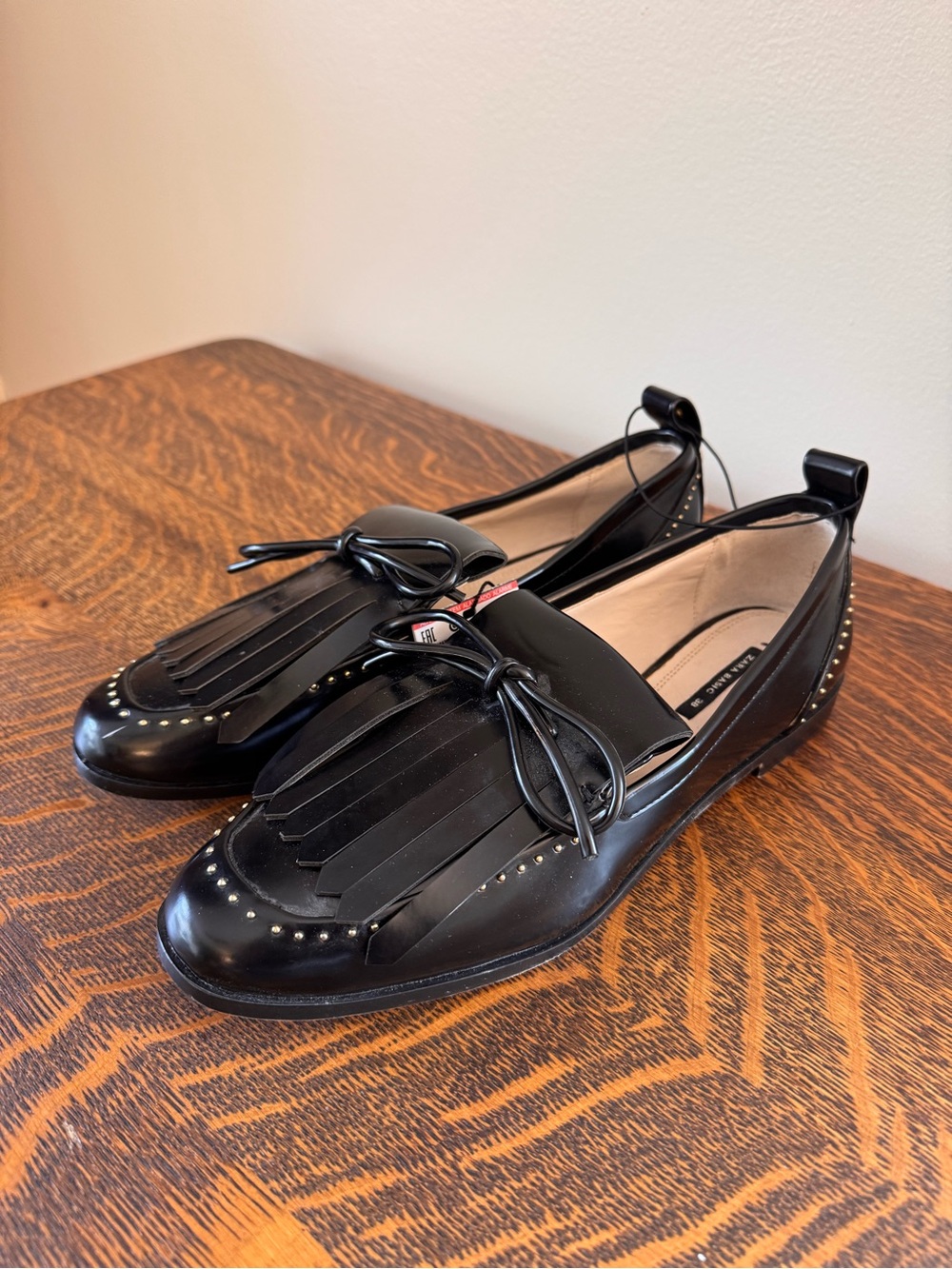 Zara Basic black loafers pearl and stud details size 38